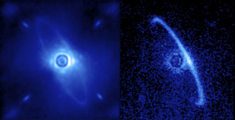 Otra de las imágenes iniciales del Gemini Planet Imager muestra la luz dispersa por un disco de polvo que rodea a la estrella HR4796A. Los astrónomos piensan que ese anillo está formado por asteroides o cometas que sobrevivieron a la etapa de formación planetaria; algunos creen que el borde más agudo del anillo está definido por un exoplaneta aún no descubierto. La imagen de la izquierda, en luz normal (con una longitud de onda de 1.9 a 2.1 micrones), muestra el disco de polvo y la luz residual de la estrella central dispersa por la turbulencia atmosférica de la Tierra. La imagen de la derecha muestra solamente luz polarizada. La luz estelar restante no está polarizada, y por tanto fue removida. La luz del borde más lejano del disco, en cambio, está fuertemente polarizada y se dispersa en dirección a nosotros. Créditos: Observatorio Gemini/M. Perrin/Instituto Científico del Telescopio Espacial.
