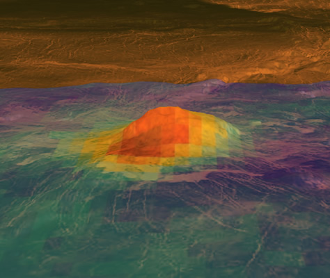 La imagen muestra una de las mejores evidencias de vulcanismo activo detectadas por la Venus Express. Se trata del pico volcánico de Idunn Mons, con un diámetro de alrededor de 200 kilómetros y situado en el área de Imdr Regio, en el hemisferio sur de Venus. La información topográfica fue derivada de los datos obtenidos por la sonda Magallanes de la NASA, con un factor de exageración vertical de 30x. Las observaciones de radar de la Magallanes (en color marrón) fueron superpuestas a sus datos topográficos. Las áreas brillantes son escarpadas o tienen pendientes pronunciadas, mientras que las zonas oscuras son llanas. Los datos superpuestos en colores muestran los patrones de temperatura derivados a partir de los datos de brillo de la superficie, y fueron obtenidos por el instrumento VIRTIS. Las variaciones térmicas debidas a la topografía fueron eliminadas. El rojo/naranja muestra las áreas más calientes y el púrpura las más frías. Puede notarse que el área a mayor temperatura está centrada en la cima del volcán, que se eleva unos 2.500 metros por encima de las planicies que lo rodean. Además, el brillo indica la composición de los minerales que fueron modificados por el flujo de lava, cuyo origen también coincide con la cima del volcán. Créditos: NASA / JPL-Caltech / ESA.