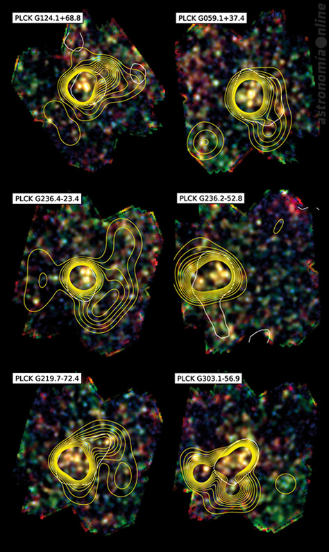 Estas imágenes obtenidas por el instrumento SPIRE del telescopio espacial Herschel muestran algunos de los objetos más representativos de la población de 234 candidatos a protocúmulos galácticos recientemente descubiertos. Los contornos en amarillo representan variaciones en la densidad de las galaxias. Créditos: ESA / Colaboración Planck / H. Dole, D. Guéry y G. Hurier, IAS/Universidad de París Sud/CNRS/CNES.