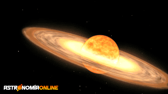 Representación artística de un sistema estelar similar a T Coronae Borealis, donde una estrella gigante roja y una enana blanca orbitan una alrededor de la otra, generando explosiones recurrentes. La enana blanca está oculta en un brillante resplandor, que representa el disco de acreción de material a su alrededor. Una corriente de material, mostrada como una nube difusa de color rojo, fluye desde la gigante roja hacia la enana blanca. Una pequeña mancha blanca permanece después de que cada explosión se disipa, indicando que la enana blanca ha sobrevivido a la explosión. Créditos: Laboratorio de imágenes conceptuales del Goddard Space Flight Center de la NASA.